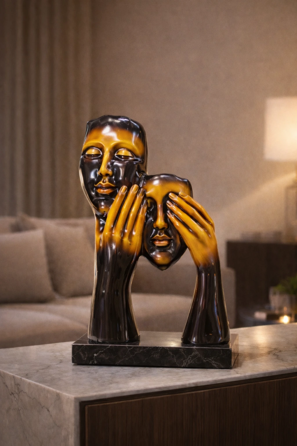 Abstract Intertwined Faces Sculpture with Marble Base